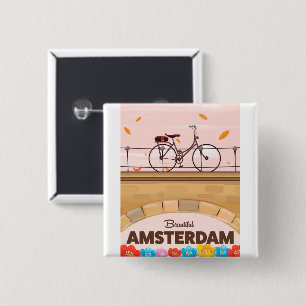 Mooie Amsterdam fietsreisposter. Vierkante Button 5,1 Cm
