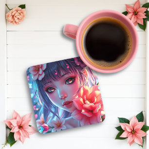 Mooie Anime Girl Glitchcore Bloemen Bier Onderzetter