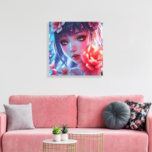 Mooie Anime Girl Glitchcore Bloemen Canvas Afdruk (Insitu (Woonkamer))