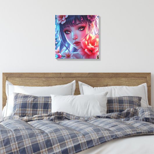 Mooie Anime Girl Glitchcore Bloemen Canvas Afdruk (Insitu (Slaapkamer))