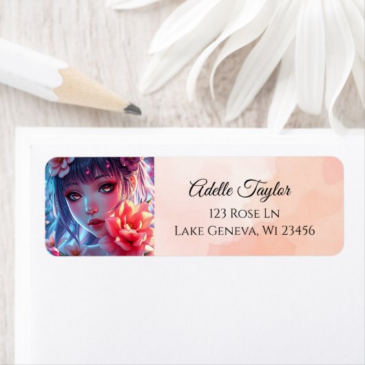 Mooie Anime Girl Glitchcore Bloemen Etiket (Insitu)