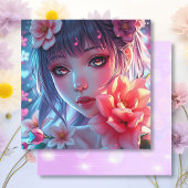 Mooie Anime Girl Glitchcore Bloemen Kaart