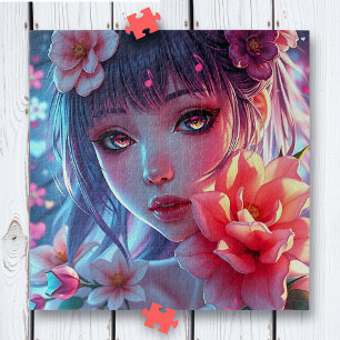 Mooie Anime Girl Glitchcore Bloemen Legpuzzel