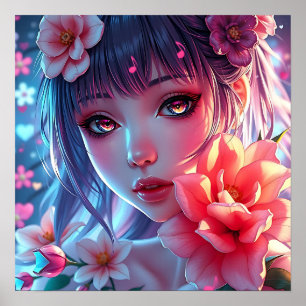 Mooie Anime Girl Glitchcore Bloemen Poster