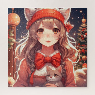 Mooie anime meisje dat kitten vasthoudt met Kerstm Legpuzzel
