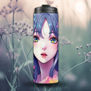 Mooie anime meisje en bloemen thermosbeker