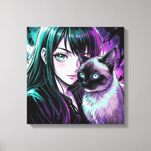 Mooie Anime Meisje en Siamese Kat Canvas Afdruk