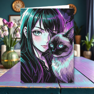 Mooie Anime Meisje en Siamese Kat Kaart