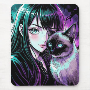 Mooie Anime Meisje en Siamese Kat Muismat