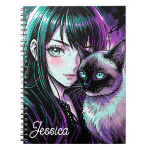 Mooie anime meisje en Siamese kat Notitieboek