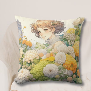 Mooie anime meisje in gele en witte bloemen kussen