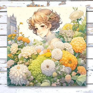 Mooie anime-meisje in gele en witte bloemen perfect poster