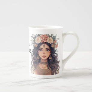 Mooie Anime-meisje met bloemen – Zachte Pastel Est Porselein Kop