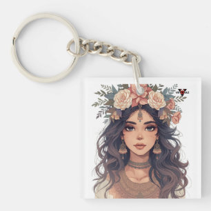 Mooie Anime-meisje met bloemen – Zachte Pastel Est Sleutelhanger