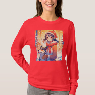 Mooie Anime Meisje met Husky Hond Kerstmis T-shirt