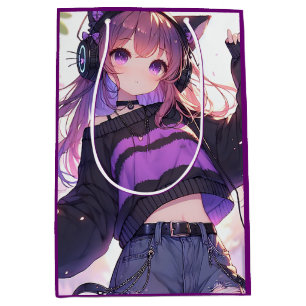 Mooie anime-meisje met koptelefoon verjaardag medium cadeauzakje