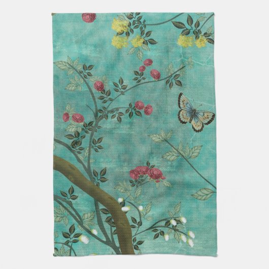Mooie antiek bloesem-vlinders theedoek (Verticaal)