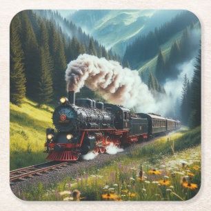 Mooie Antiek stoomlocomotief Vierkante Kartonnen Onderzetter