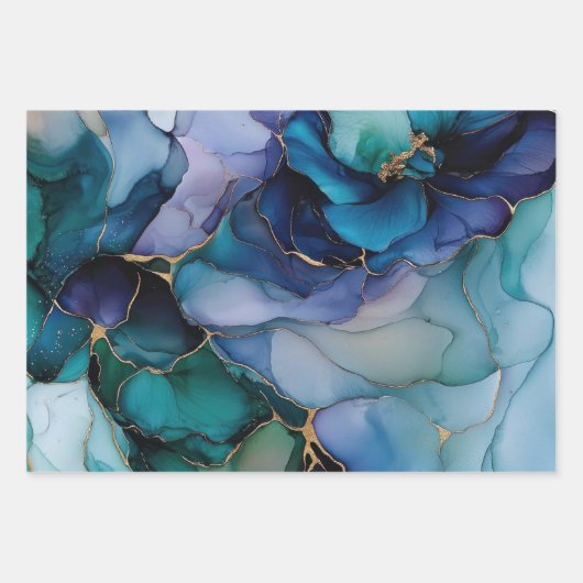 Mooie Aqua Blauwe Paarse Gouden Bloem Inpakpapier Vel (Voorkant 3)