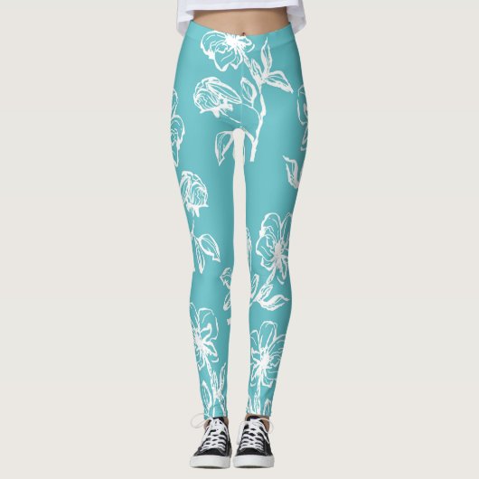 Mooie Aqua Blue Floral-Leggings Leggings (Voorkant)