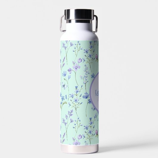 Mooie Aqua Blue groene fles met paarse bloemen (Voorkant)