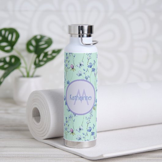 Mooie Aqua Blue groene fles met paarse bloemen (Yoga)