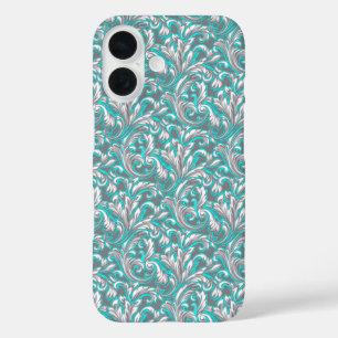 Mooie aqua grijze naadloze bloempatroon iPhone 16 hoesje