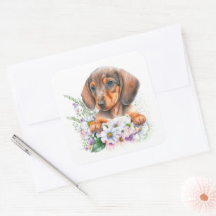 Mooie Aquarel Bloemige Dachshund Puppy Hond Vierkante Sticker