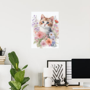 Mooie Aquarel Kitten met Bloemen Poster