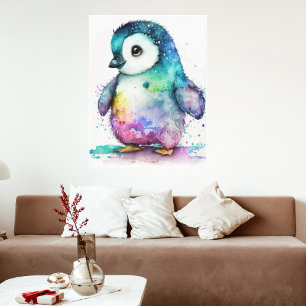 Mooie Aquarel Kleurrijke Baby Pinguïn Muur Canvas Afdruk
