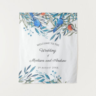 Mooie Aquarel Vogels en Blad Bruiloft Wandkleed