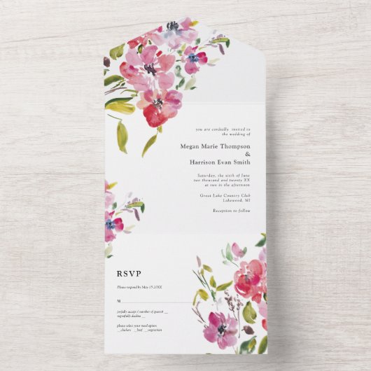 Mooie aquarel wilde bloemen trouwontwerp all in one uitnodiging (Binnen)