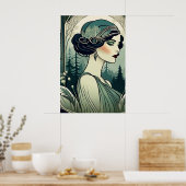 Mooie Art Deco 1920s Flapper Meisje in het groen Poster (Keuken)