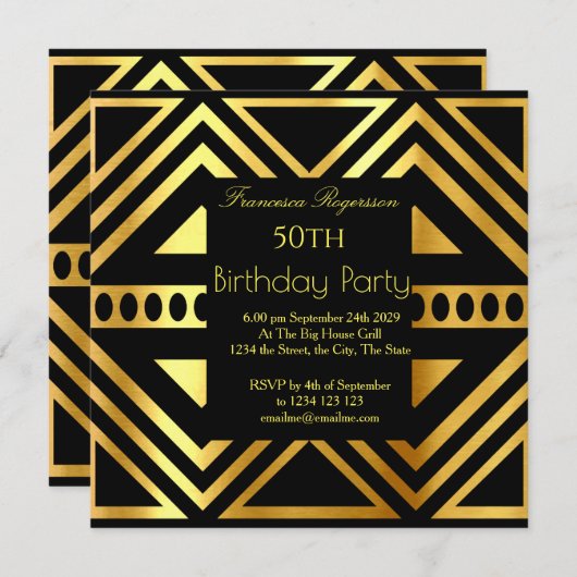 Mooie Art Deco 50th Birthday Party Gold Black Kaart (Voorkant / Achterkant)