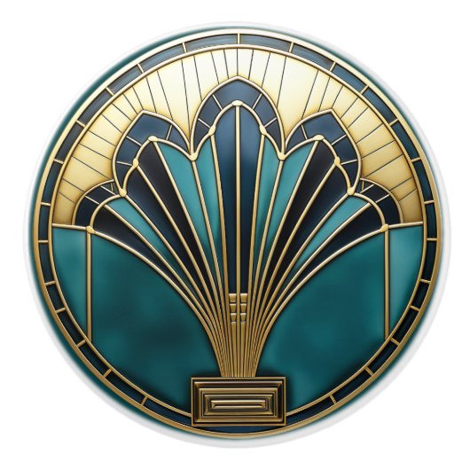 Mooie Art Deco Abstract Bloemen Turquoise Goud Keramische Knop (Voorkant)