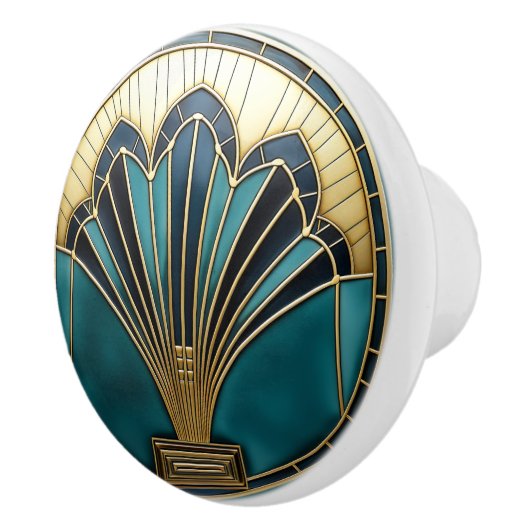 Mooie Art Deco Abstract Bloemen Turquoise Goud Keramische Knop (Rechts)