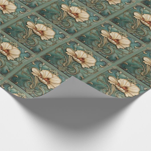 Mooie Art Deco Bloemen in Groen Wit en goud Cadeaupapier (Hoek)