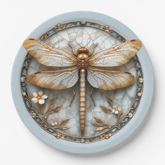 Mooie Art Deco Emaille Libel Goud Parels Papieren Bordje (Voorkant)