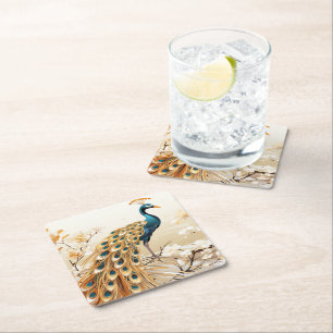 Mooie Art Deco Gold Blauwgroen Peacock White Flowe Vierkante Kartonnen Onderzetter