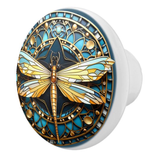 Mooie, Art Deco Libel Goud Turquoise Keramische Knop (Rechts)