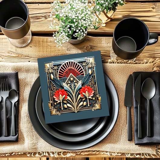 Mooie Art Deco Rood Goud Teal Servet