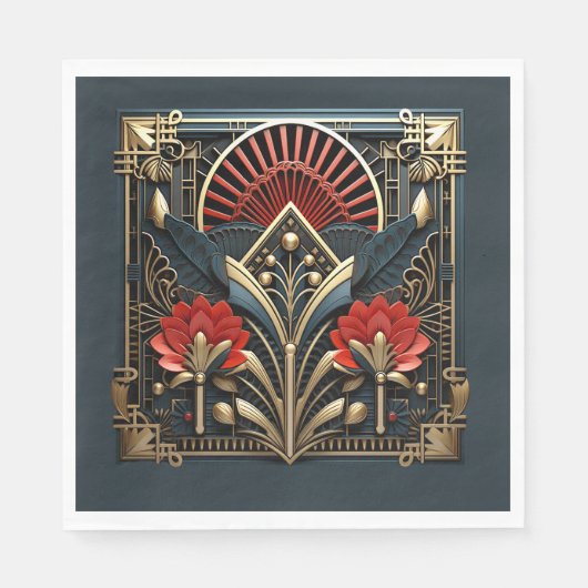 Mooie Art Deco Rood Goud Teal Servet (Voorkant)