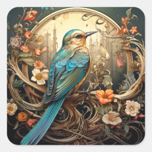 Mooie Art Nouveau Vogel Vierkante Sticker