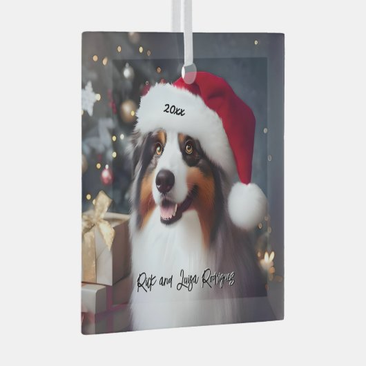 Mooie Australische Herder met Santa Hat Glas Ornament (Voorkant Rechts)