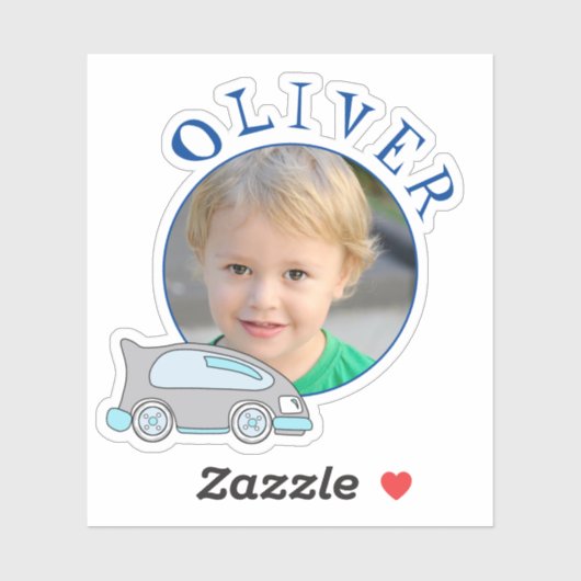 Mooie Auto Blau Ronde Frame Naam en Foto Kinderen Sticker (Vel)