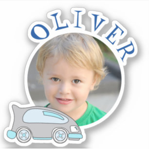 Mooie Auto Blau Ronde Frame Naam en Foto Kinderen Sticker