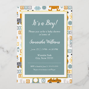 Mooie Auto Speelgoed Patroon Jongen Teal Baby Show Folie Uitnodiging