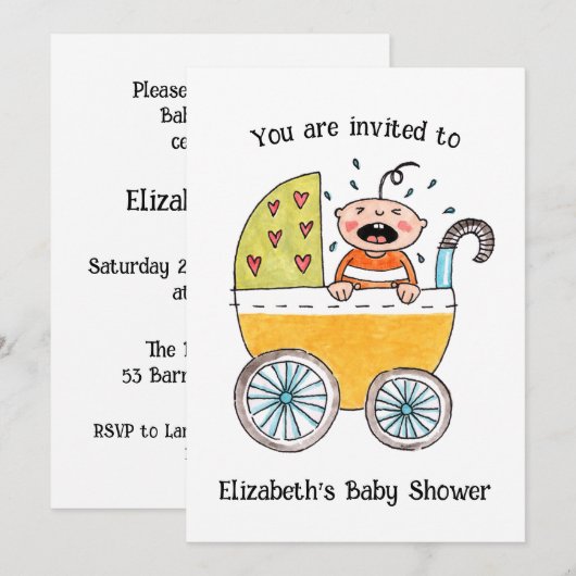 Mooie baby in wandelwagen babyshower uitnodiging (Voorkant / Achterkant)
