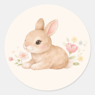 Mooie Baby Konijn Roze Bloemen Ronde Sticker