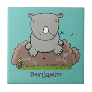 Mooie baby neushoorn cartoonillustratie tegeltje